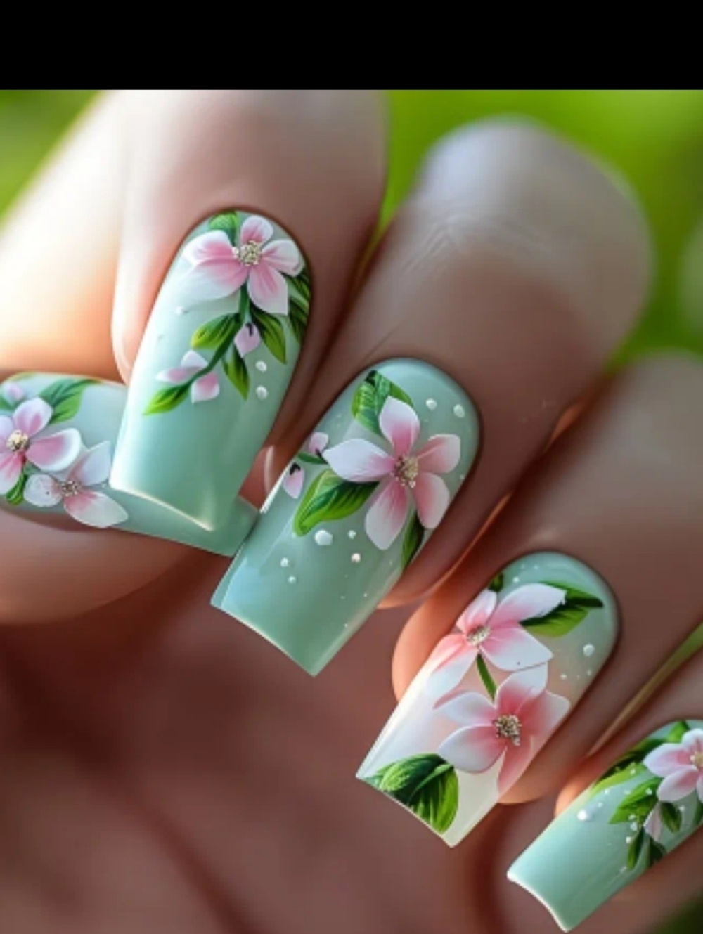 🔥3/$21 Hand-Painted Floral Mint Green Press-On Nails